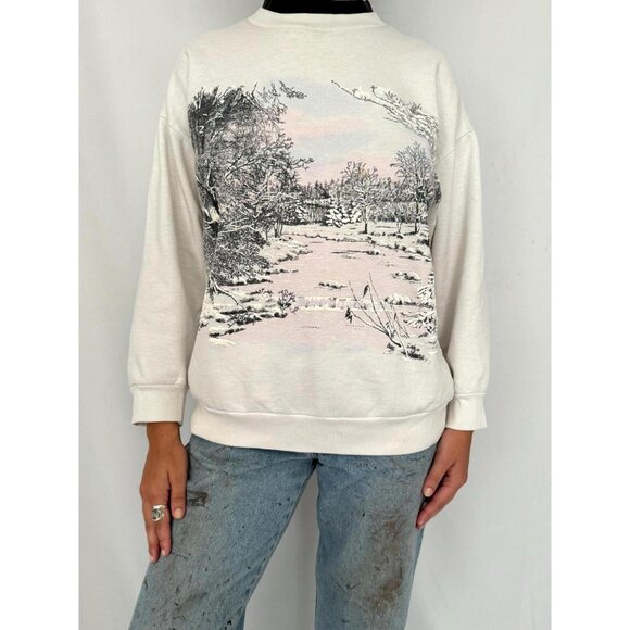 90s vintage white snowy winter holiday graphic collared cotton pullover sweater - Picture 3 of 10